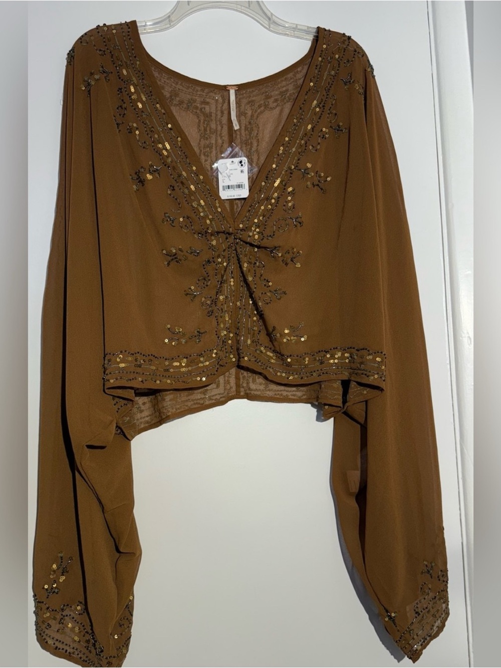 NWT Free People Brown Beaded Calla Embellished Cape Western Top - Picture 10 of 13